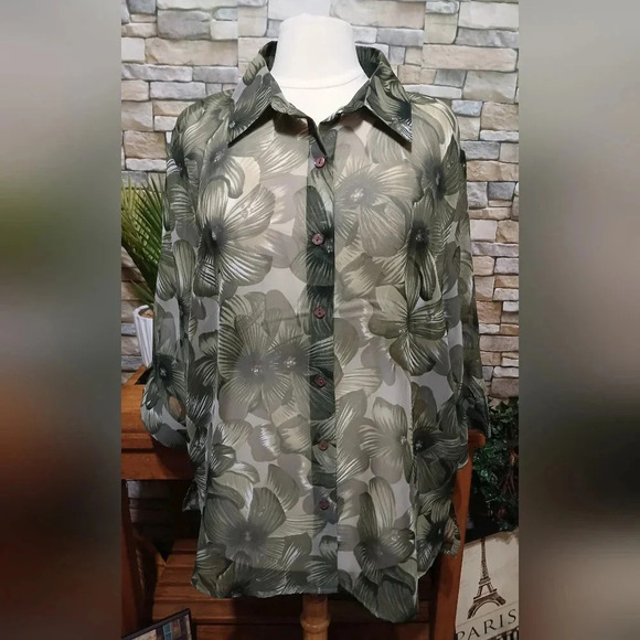 GEORGE‎ Plus Size Women's Sheer Floral Blouse Green Button Up - Picture 1 of 4